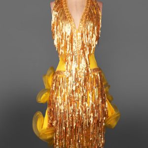 Latin Dance Costume Yellow Sequined Tassels Halter Sleeveless Ruffle Dress Women's Dance Costume