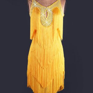 Latin Dance Costume Yellow Sleeveless Beading Dress Women's Dance Costume With Tassels