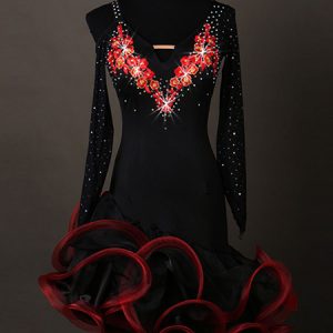 Latin Dance Costumes Long Sleeve Rhinestones Beaded Asymmetrical Latin Ballroom Dresses