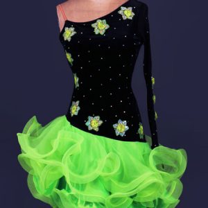 Latin Dance Dress Velour One Shoulder Flowers Rhinestones Beaded Two Tone Backless Ruffles Latin Dance Costume