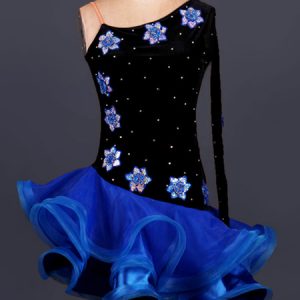 Latin Dance Dress Velour One Shoulder Flowers Rhinestones Beaded Two Tone Backless Ruffles Latin Dance Costume