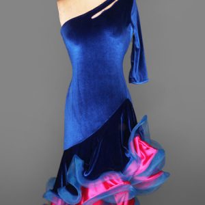 Latin Dance Dress Velour One Shoulder Half Sleeve Backless Two Tone Irregular Ruffles Latin Dance Costume