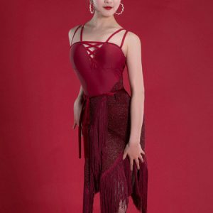 Latin Dance Dresses Burgundy Women Fringe Strappy Dress Dancing Costume