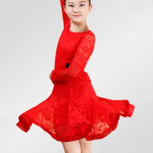 Latin Dance Dresses Costume Red Kids Lace Long Sleeve Ballroom Dance Costumes For Girls