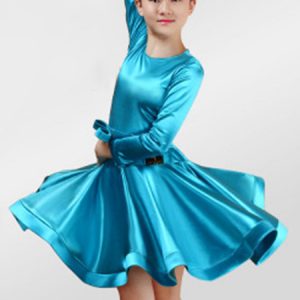 Latin Dance Dresses Kids Costume Satin Long Sleeve Round Neck Ballroom Dance Dresses For Girls