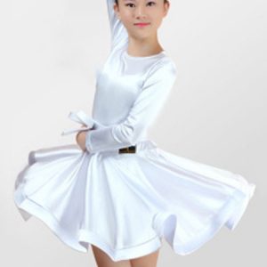 Latin Dance Dresses Kids Costume Satin Long Sleeve Round Neck Ballroom Dance Dresses For Girls