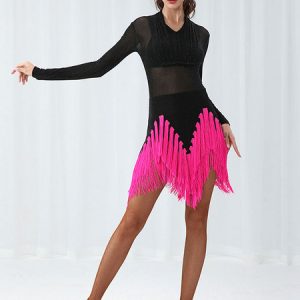 Latin Dance Dresses Orange Women Dress Semi Sheer Fringe Dancing Costume