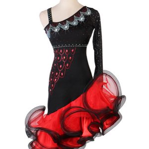 Latin Dance Dresses Rhinestone Ruffle Black Dancing Costume