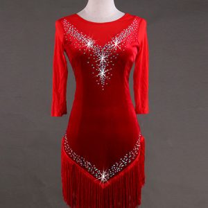 Latin Dance Dresses Women Red Long Sleeve Beading Tassels Ballroom Dancing Costume