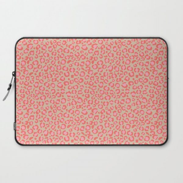 Leopard Print | Living Coral Pink with Tan Background | girly pastel | Cheetah Computer Cover by SquirrelCoffeeDesign - Laptop Sleeve - 15"