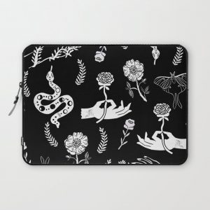 Linocut snakes hand rose floral black and white spooky gothic pattern Computer Cover by monoo - Laptop Sleeve - 13"