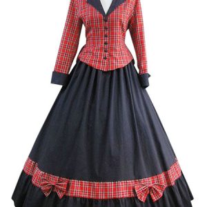 Little Women Costumes Ruffles Plaid Women Fake Two Piece Vintage Clothing