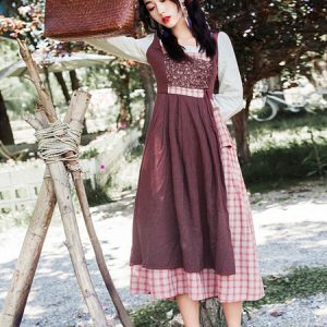 Little Women Retro Costumes Plaid Drawstring Cotton Linen Pastoral Style Dress