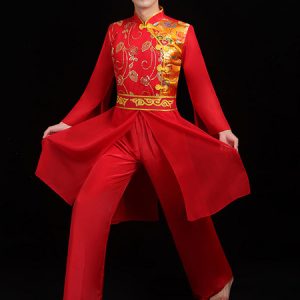 Men Chinese Costumes Red Dragon Dance Outfit Kung Fu Carnival Costumes