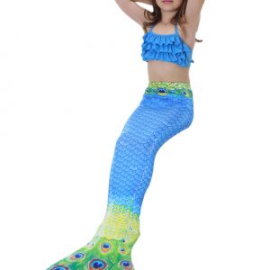 Mermaid Tail Costume Kids Peacock Printed Blue Little Girls Bathing Swimming Suit