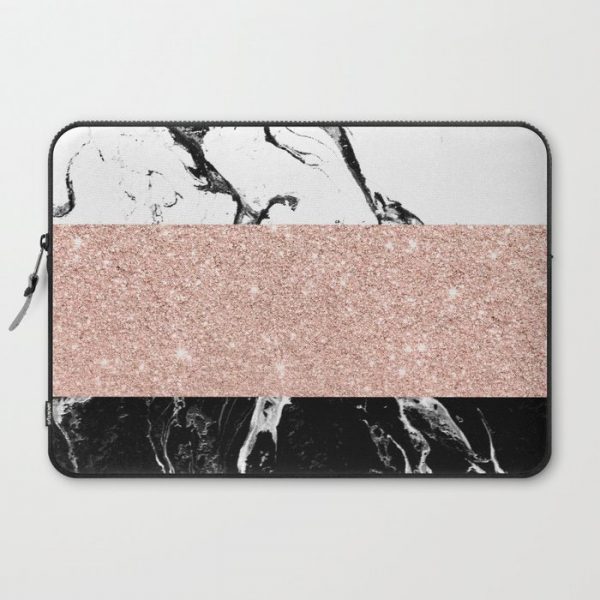 Modern black white marble rose gold color block stripes pattern Computer Cover by Girly Trend - Laptop Sleeve - 15"