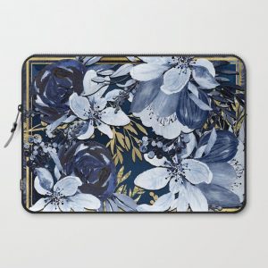 Navy Blue & Gold Watercolor Floral Computer Cover by Christyne - Laptop Sleeve - 15"