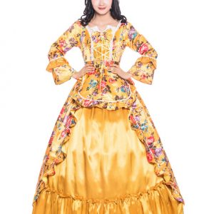 Orange Retro Costumes Bows Ruffle Satin Victorian Style Floral Print Dress Women Vintage Clothing Halloween