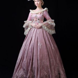 Pink Retro Costumes Lace Ruffles Flowers Dress ROCOCO Style Marie Antoinette Costume 18th Century Costume Halloween