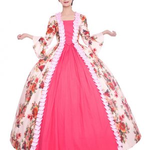 Pink Retro Costumes Women Floral Print Ruffle Satin Halloween Victorian Style Vintage Clothing