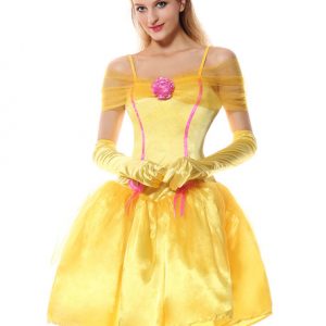 Princess Costume Halloween Sexy Women Yellow Satin Short Dresses Costume Outfit