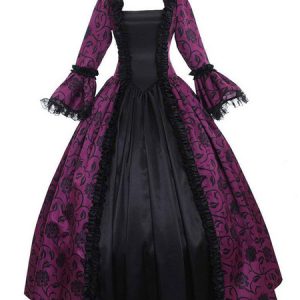 Purple Retro Costumes Lace Ruffle Floral Print Marie Antoinette Costume Dress Baroque Style 18th Century Costume Halloween