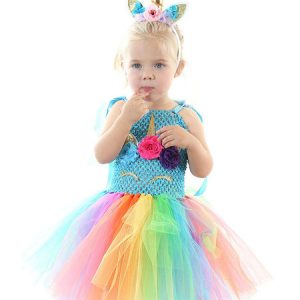 Rainbow Unicorn Dresses Kids Princess Tutu Fancy Dress Headband Baby Girls Halloween Costume