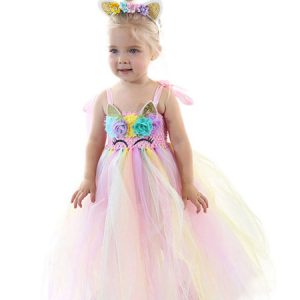 Rainbow Unicorn Dresses Tutu Baby Girls Flowers Princess Fancy Dress Headband Kids Halloween Costume