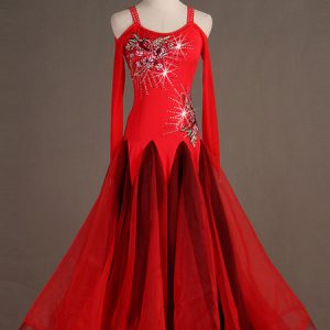 Red Ballroom Dance Costume Long Sleeve Straps Women Organza Beaded Dresses Halloween