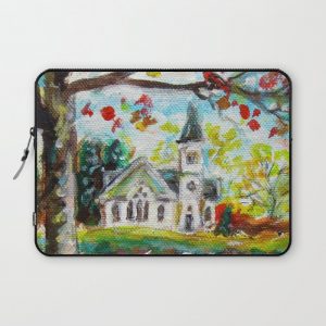 Red Cardinal peaceful white church autumn fall painting Computer Cover by Angie Ketelhut - Laptop Sleeve - 13"