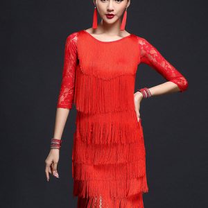 Red Fringe Nylon Latin Dance Costume for Women