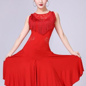 Red Latin Dance Costume Women Lace Tassels Short Dancing Dresses Halloween