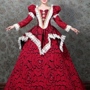 Red Retro Costumes Lace Marie Antoinette Costume Rose Pattern Dress Rococo Style 18th Century Costume Halloween