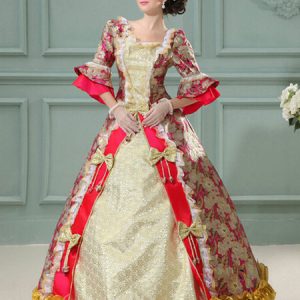 Red Retro Costumes Ruffle Bow Marie Antoinette Costume Floral Print Dress Royal Masquerade Ball Gown