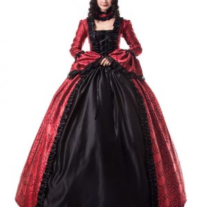 Red Retro Costumes Ruffles Matte Satin Victorian Era Style Floral Print Dress Women Vintage Clothing Halloween