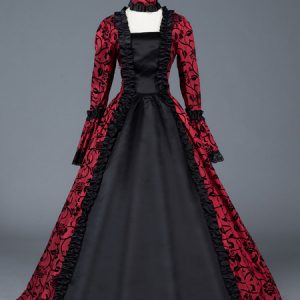 Red Retro Costumes Women Bow Floral Print Matte Satin Dress Victorian Era Style Ball Gown Halloween