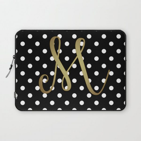 Retro Black and White Polka Dot with Gold "M" Monogram Computer Cover by Kimpressions - Laptop Sleeve - 13"