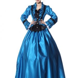 Retro Costume Halloween Little Women Dresses Women Long Sleeve Blue Ball Gowns