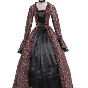 Retro Costume Halloween Victorian Dress Brown Ball Gowns Masquerade Floral Print Royal Long Sleeve Vintage Costume