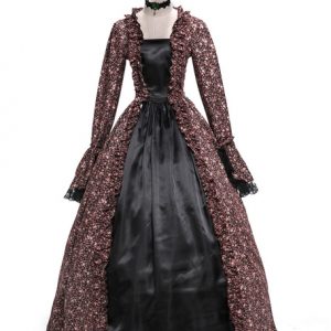 Retro Costume Halloween Victorian Dress Brown Ball Gowns Masquerade Floral Print Royal Long Sleeve Vintage Costume