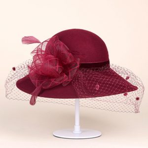 Retro Costume Hat Burgundy Feathers Flowers Women's Wool Costume Accessories Halloween