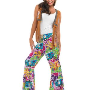 Retro Disco Costume Halloween 1970s Women Tassels Floral Printed Pants Top Vest 3 Piece