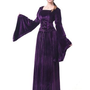 Retro Dresses Medieval Renaissance Women Velour Long Sleeve Witch Queen Gown Cosplay Costume Halloween