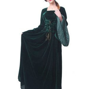 Retro Dresses Medieval Renaissance Women Velour Long Sleeve Witch Queen Gown Cosplay Costume Halloween