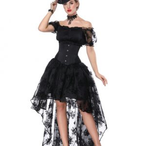 Retro Halloween Costume Women Black Short Sleeve Top Waist Trainer Corset And High Low Skirt