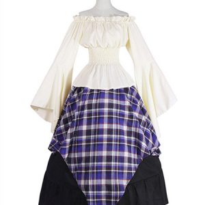 Retro Victorian Costume Long Sleeve Plaid Medieval Dresses Halloween