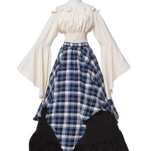 Retro Victorian Costume Long Sleeve Plaid Medieval Dresses Halloween