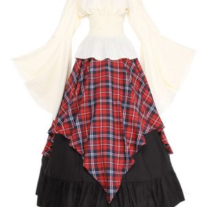 Retro Victorian Costume Long Sleeve Plaid Medieval Dresses Halloween