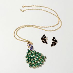 Rhinestone Peacock Feather Earrings Necklace Set