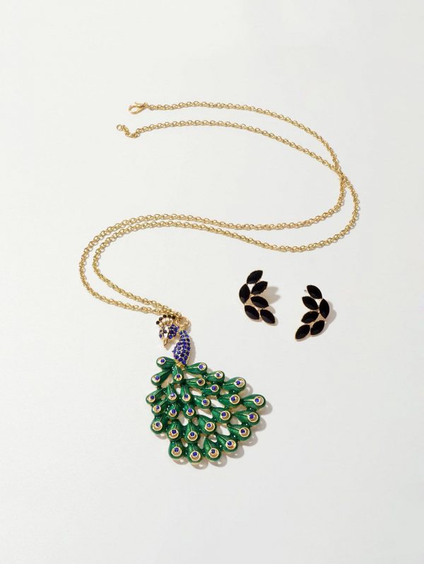 Rhinestone Peacock Feather Earrings Necklace Set